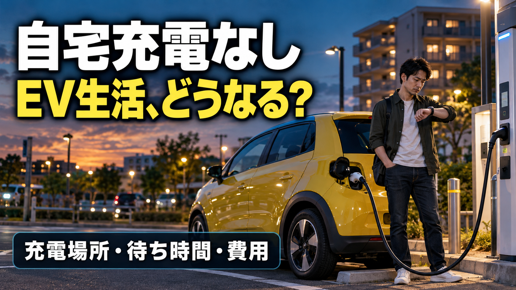 自宅充電なしのEV生活:充電場所・待ち時間・費用をテーマにしたサムネイル制作サンプル